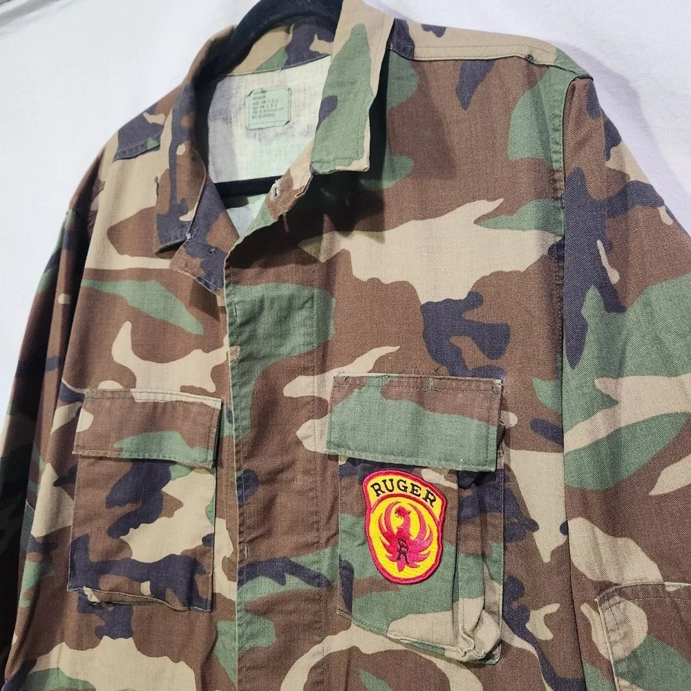 Vintage 90s Military Woodland Camo Combat Coat Medium Long BDU US Army M81 Ruger